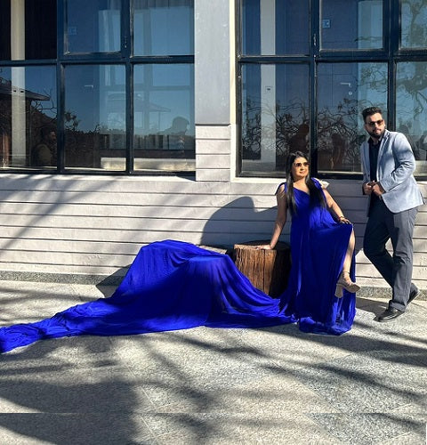 G338, Royal Blue Slit Cut Long Trail Prewedding Shoot Gown Size: All, Color: All