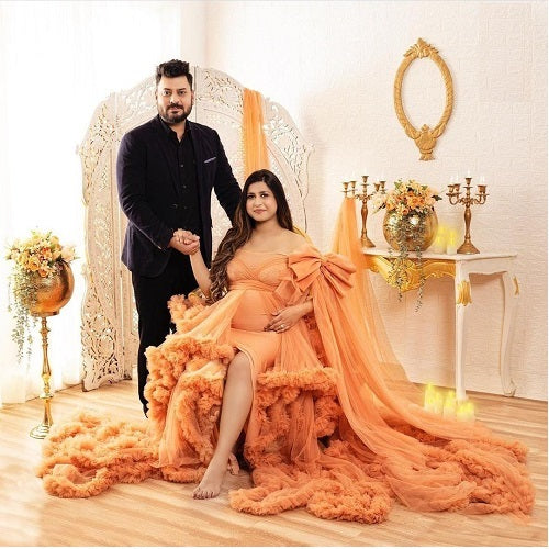 G1050, Luxury Orange Ruffled Maternity Long Trail Gown, Size: All, Color: All