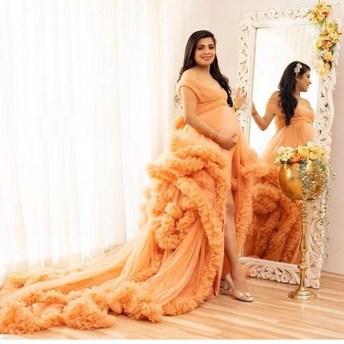 G1050, Luxury Orange Ruffled Maternity Long Trail Gown, Size: All, Color: All