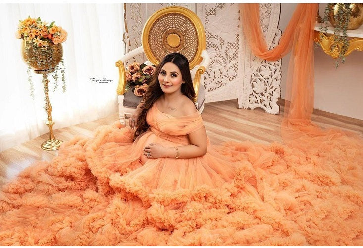 G1050, Luxury Orange Ruffled Maternity Long Trail Gown, Size: All, Color: All