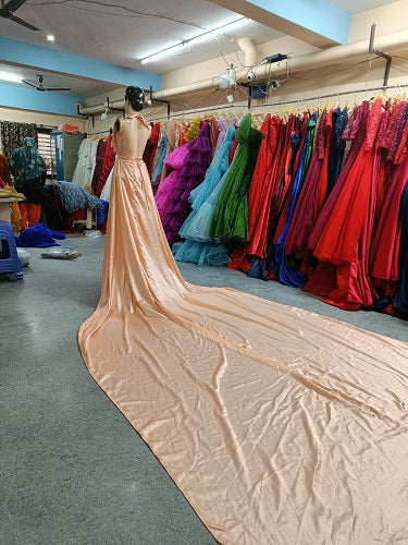 G224, Peach Satin Long Trail Prewedding Shoot Gown, Size: All, Color: All