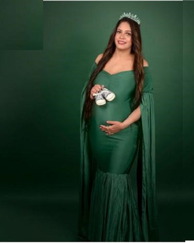 G281, Green Long Sleeves Trail  Lycra Fit Gown, Size: All, Color: All