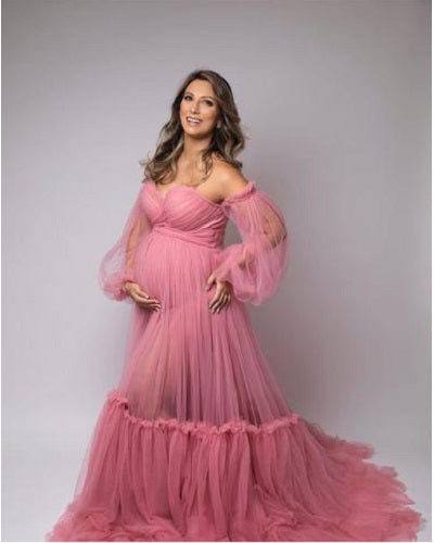 G2051, Dusty Pink Frill Maternity Shoot Trail Gown, Size: All, Color: All