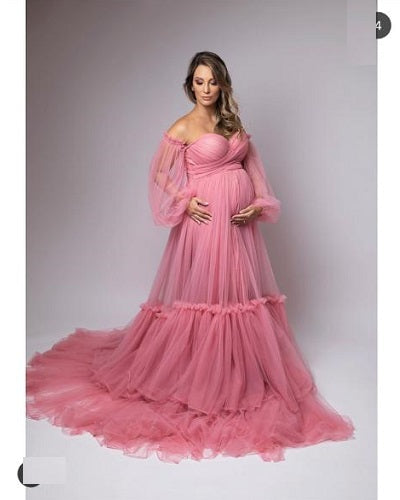G2051, Dusty Pink Frill Maternity Shoot Trail Gown, Size: All, Color: All