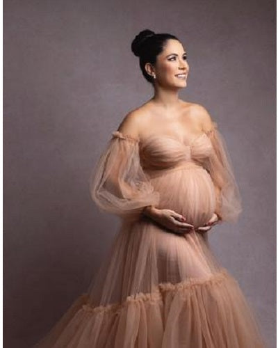 G2052,Light Brown Frilled Maternity Shoot Gown With Inner, Size: All, Color: All