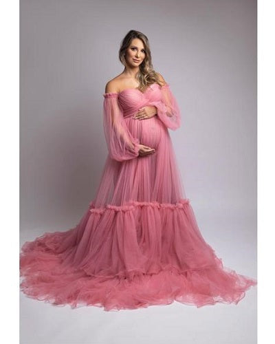 G2051, Dusty Pink Frill Maternity Shoot Trail Gown, Size: All, Color: All