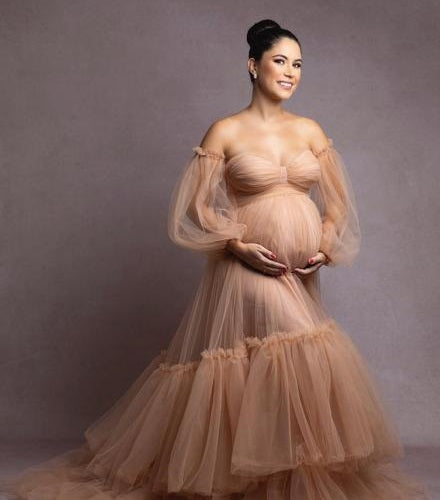 G2052,Light Brown Frilled Maternity Shoot Gown With Inner, Size: All, Color: All