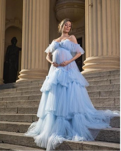 G2007, Light Blue Frilled Maternity Shoot Gown With Inner, Size: All, Color: All