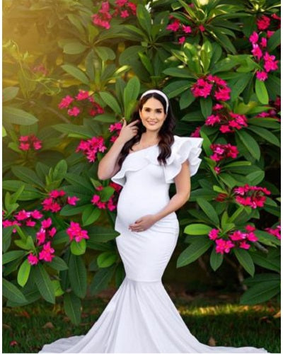 W909, White One Shoulder  Maternity Shoot Baby Shower Trail Gown, Size: All, Color: All