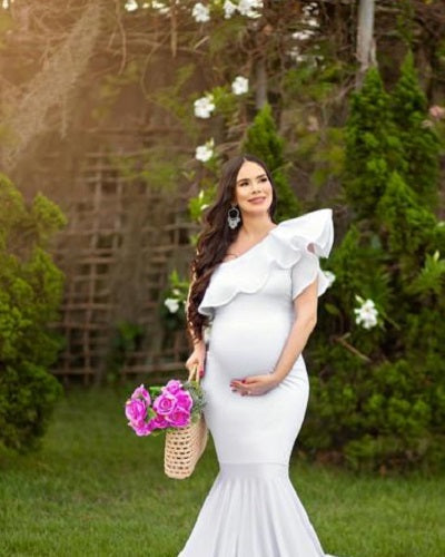W909, White One Shoulder  Maternity Shoot Baby Shower Trail Gown, Size: All, Color: All
