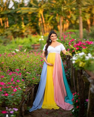 G2053, White Multi Colour Maternity Shoot Trail Gown, Size: All, Color: All