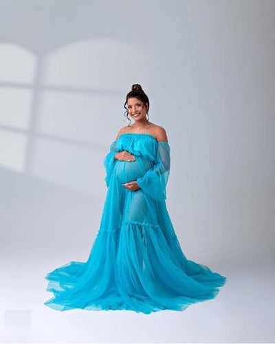 G1002, Blue Frill Slitcut Maternity Shoot Trail Gown With Inner, Size: All, Color: All