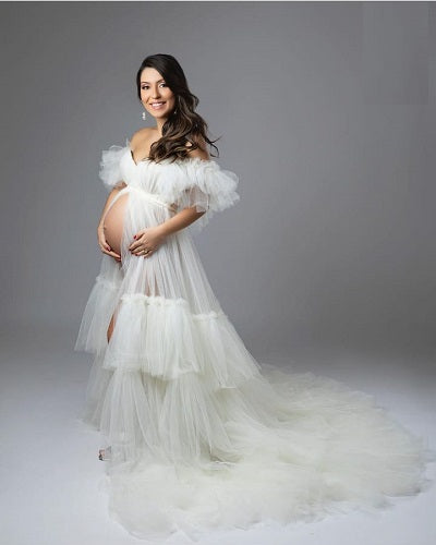 W2008, White Ruffled Slit Cut Maternity Shoot Trail Gown With Inner, Size: All, Color: All