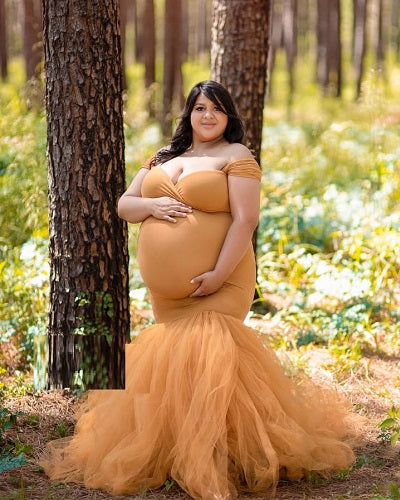 G1021, Mustard Yellow Fish Cut Maternity Shoot Trail Gown, Size: All, Color: All