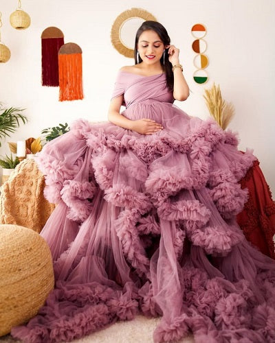 G1041, Peach Ruffled Prewedding Shoot Trail Gown, Size: All, Color: All