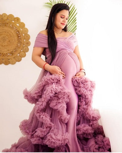 G1041, Peach Ruffled Maternity Shoot Trail Gown, Size: All, Color: All