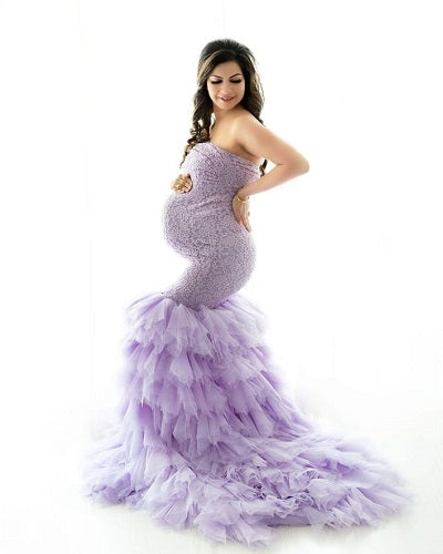 G1055, Lilac Body Fit Ruffled Maternity Shoot Trail Gown, Size: All, Color: All
