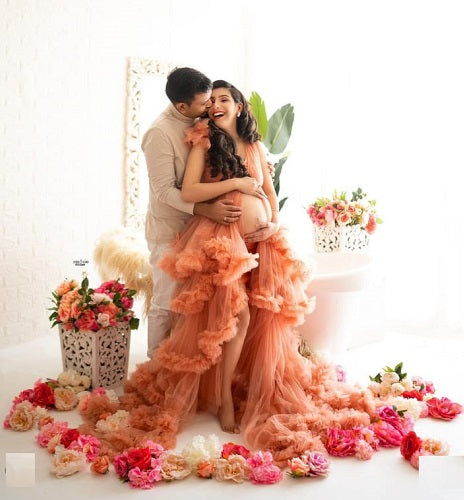 G1056, Luxury Orange Ruffled Slit Cut Maternity Shoot Long Trail Gown, Size: All, Color: All