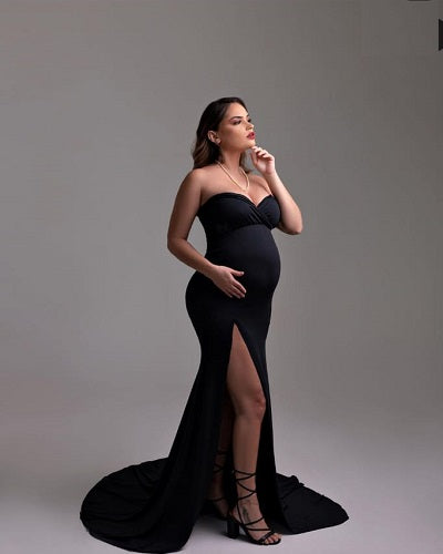 G1004, Black Slit Cut TubeTop Maternity Shoot Trail Gown, Size: All, Color: All