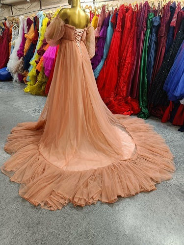 G1140, Peach Frilled long Trail Shoot Gown Size: All, Color: All