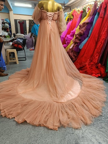 G1140, Peach Frilled long Trail Shoot Gown Size: All, Color: All