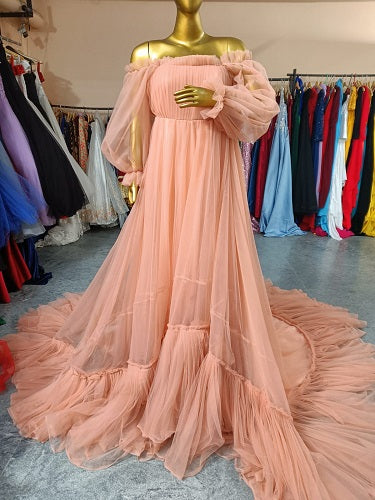 G1140, Peach Frilled long Trail Shoot Gown Size: All, Color: All