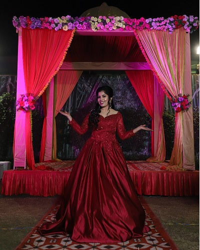 G229, Wine Satin Semi Off Shoulder Full Sleeves Prewedding Shoot Trail Ball Gown, Size: All, Color: All