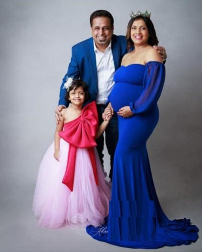 G245,Royal Blue Full Sleeves Maternity Shoot Trail Lycra Body Fit Gown Size: All, Color: All