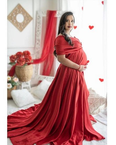 G945,Wine Satin Maternity Shoot Trail Gown, Size: All, Color: All