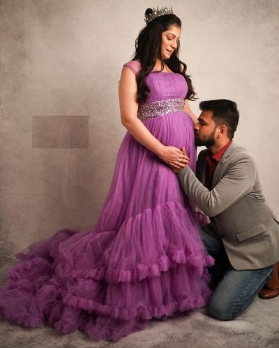 G240, Luxury Purple Ruffled maternity shoot trail gown, Size: All, Color: All