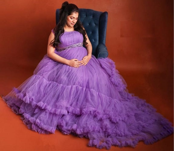 G240, Luxury Purple Ruffled maternity shoot trail gown, Size: All, Color: All