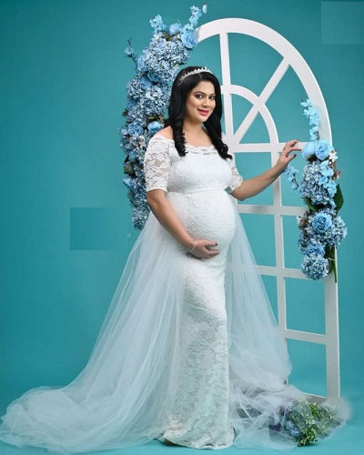 W208, White Lace Half Sleeves Maternity Shoot Trail Gown Size: All, Color: All