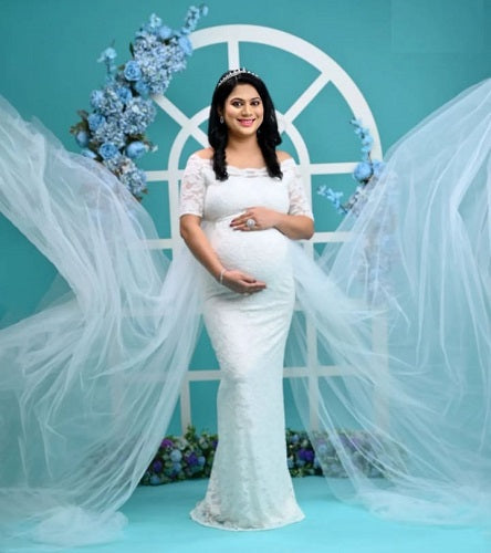 W208, White Lace Half Sleeves Maternity Shoot Trail Gown Size: All, Color: All