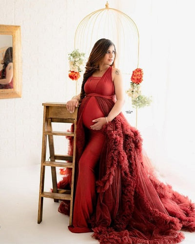 G2112, Dark Wine Ruffled Maternity Shoot Trail Gown, Size: All, Color: All