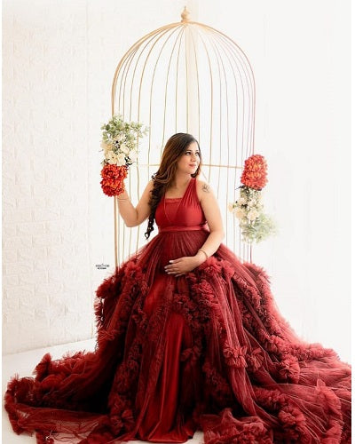G2112, Dark Wine Ruffled Maternity Shoot Trail Gown, Size: All, Color: All