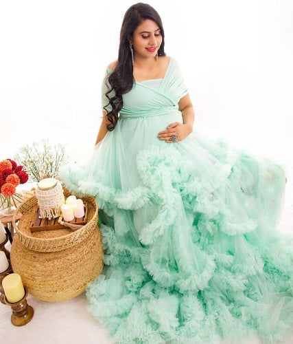 G2113, Sea Green Ruffled Slit Cut Maternity Shoot Trail Gown, Size: All, Color: All