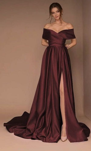 G905,Dark Wine Satin Slit Cut Long Trail Shoot Gown, Size: All, Color: All
