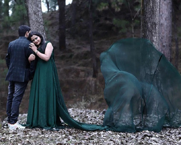 G875, Bottle Green One Shoulder Prewedding Long Trail Gown Size: All, Color: All
