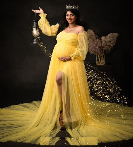 G1077, Yellow Ruffled Slit Cut Maternity Shoot Trail Gown, Size: All, Color: All