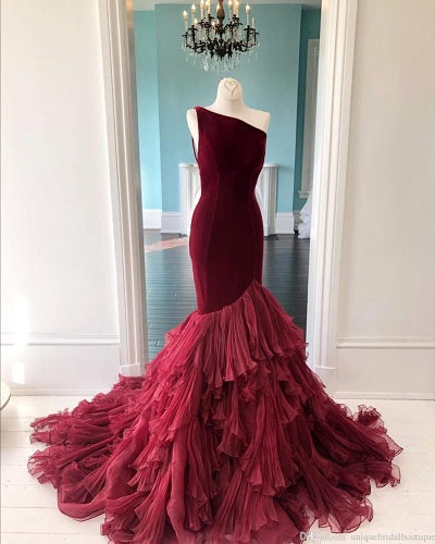 G113, Wine Red One Shoulder Layered Fish Cut Trail gown Size: All, Color: All