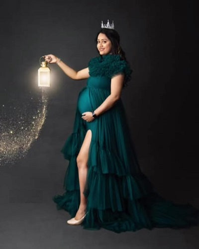 G1078, Bottle Green Slit Cut Ruffled Maternity Shoot Long Trail Gown, Size: All, Color: All