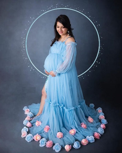 G955, Blue Slit Cut Ruffled Maternity Shoot  Gown, Size: All, Color: All