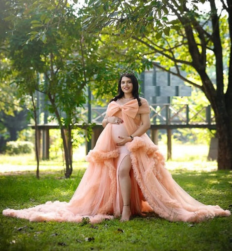 G2115,Luxury Cantaloupe Orange Ruffled Maternity Shoot Long Trail Gown, Size: All, Color: All