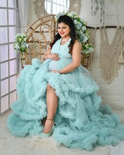 G2116, Luxury Sky Blue Ruffled Maternity Shoot Gown, Size: All, Color: All