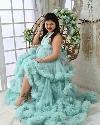 G2116, Luxury Sky Blue Ruffled Maternity Shoot Gown, Size: All, Color: All