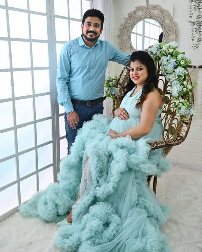 G2116, Luxury Sky Blue Ruffled Maternity Shoot Gown, Size: All, Color: All