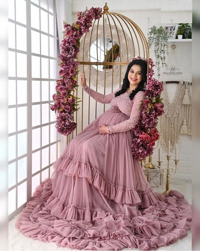 G1045, Peach Ruffled Maternity Shoot Trail Gown, Size: All, Color: All