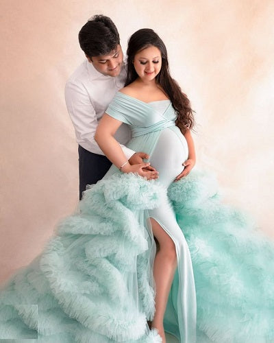G2113, Sea Green Ruffled Slit Cut Maternity Shoot Trail Gown, Size: All, Color: All