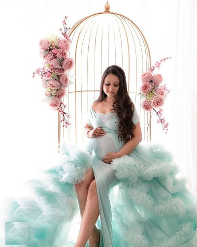 G2113, Sea Green Ruffled Slit Cut Maternity Shoot Trail Gown, Size: All, Color: All