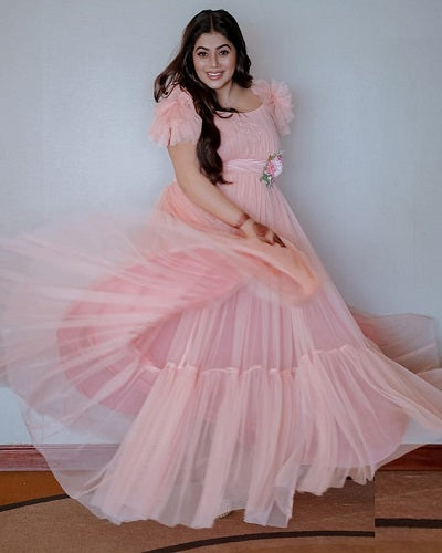 G1141, Peach Frilled Maternity Shoot Gown Size: All, Color: All